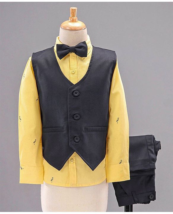 Babyhug Full Sleeves Party Suit with Bow Bird Print - Yellow Navy