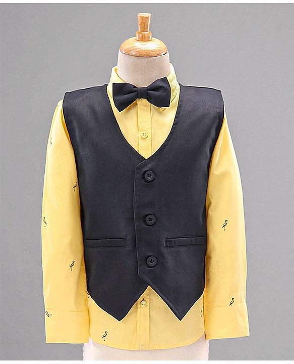Babyhug Full Sleeves Party Suit with Bow Bird Print - Yellow Navy