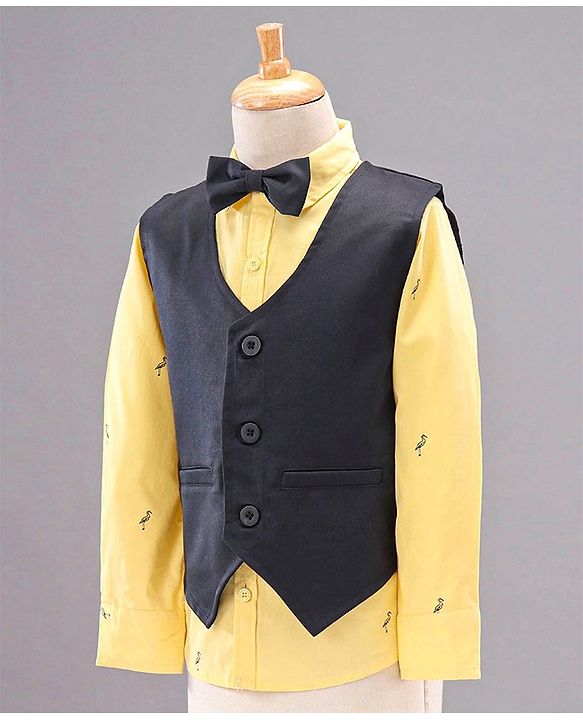 Babyhug Full Sleeves Party Suit with Bow Bird Print - Yellow Navy