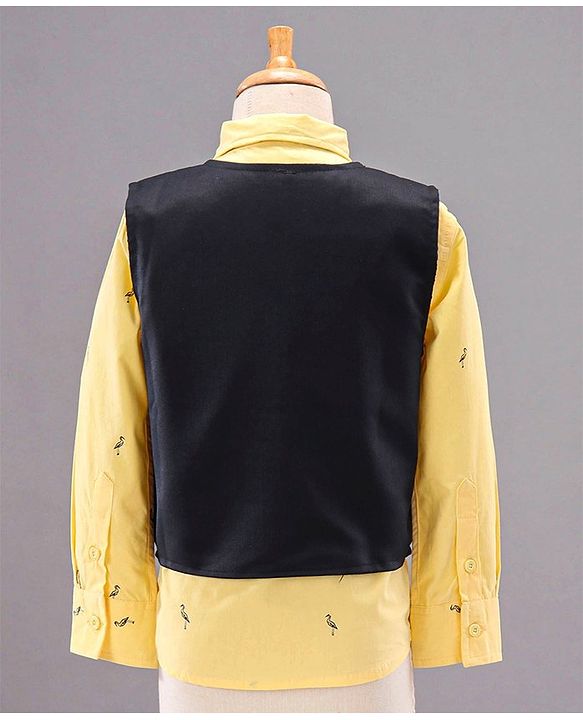 Babyhug Full Sleeves Party Suit with Bow Bird Print - Yellow Navy