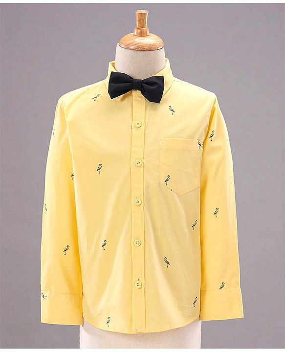 Babyhug Full Sleeves Party Suit with Bow Bird Print - Yellow Navy