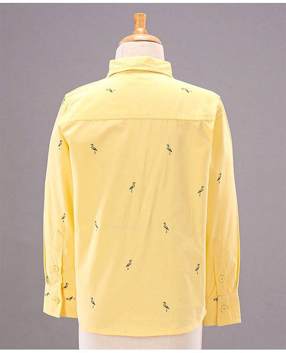 Babyhug Full Sleeves Party Suit with Bow Bird Print - Yellow Navy