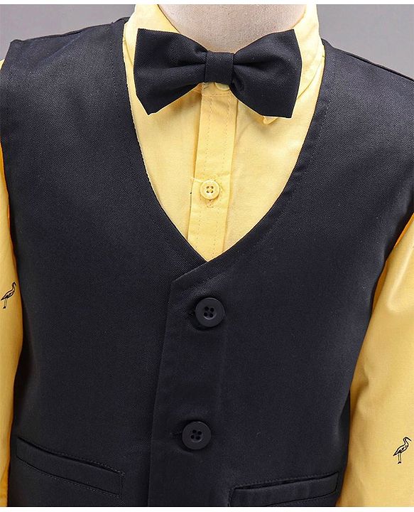 Babyhug Full Sleeves Party Suit with Bow Bird Print - Yellow Navy