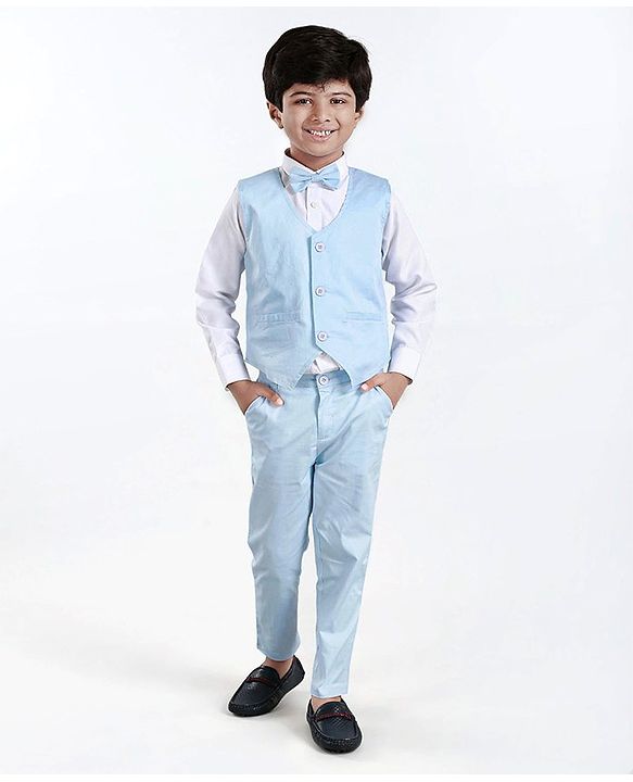 Babyhug Full Sleeves Solid Party Suit with Bow - Light Blue