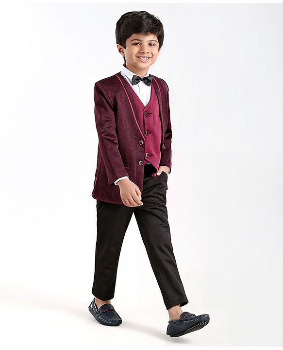 Babyhug Full Sleeves 4 Piece Party Suit With Bow - Maroon