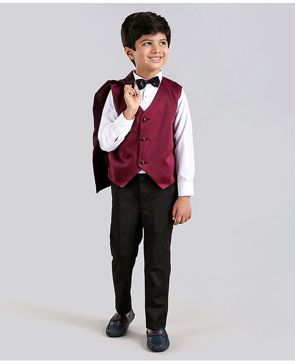 Babyhug Full Sleeves 4 Piece Party Suit With Bow - Maroon
