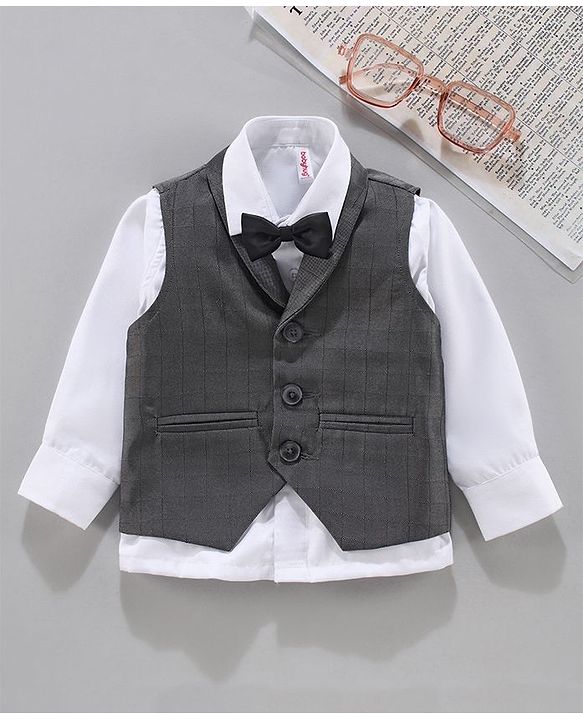Babyhug Full Sleeves Checked Party Shirt with Bow and Waistcoat - White Grey