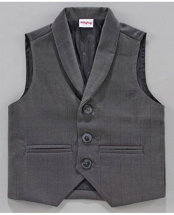 Babyhug Full Sleeves Checked Party Shirt with Bow and Waistcoat - White Grey
