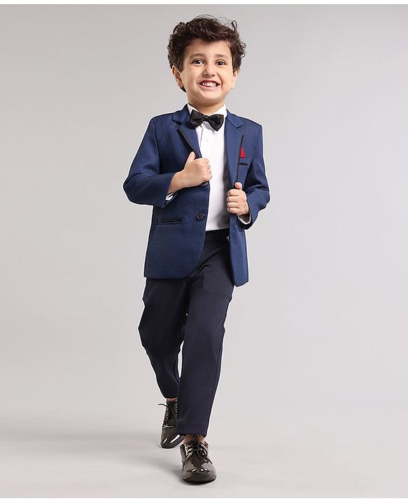 Babyhug Full Sleeves 3 Piece Party Suit With Bow - Navy Blue