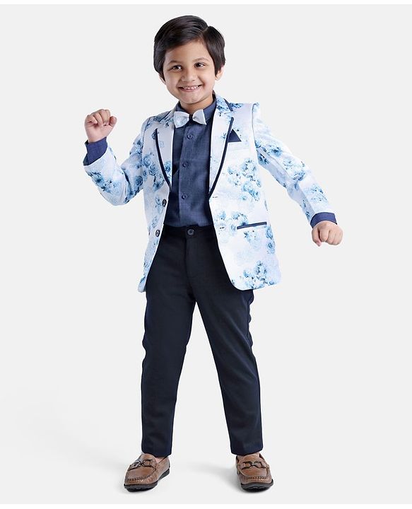Babyhug Full Sleeves Digital Print Party Suit with Bow and Blazer - Blue Navy