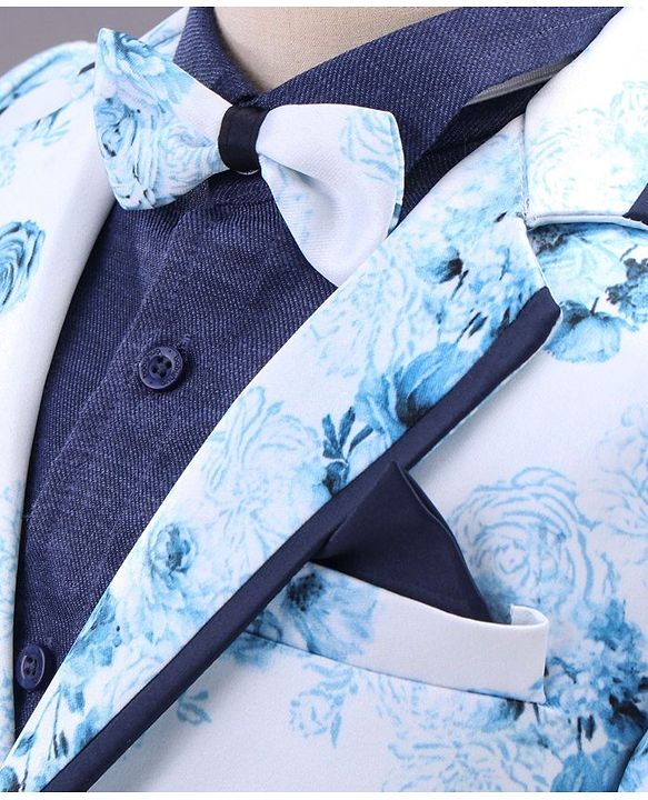 Babyhug Full Sleeves Digital Print Party Suit with Bow and Blazer - Blue Navy