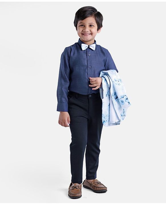 Babyhug Full Sleeves Digital Print Party Suit with Bow and Blazer - Blue Navy