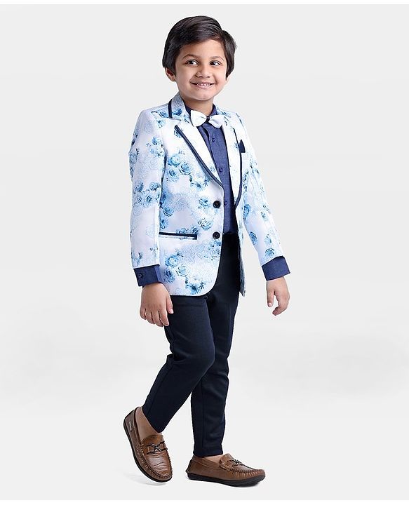 Babyhug Full Sleeves Digital Print Party Suit with Bow and Blazer - Blue Navy