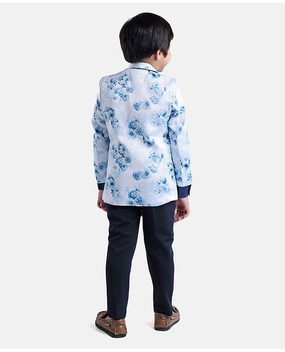 Babyhug Full Sleeves Digital Print Party Suit with Bow and Blazer - Blue Navy