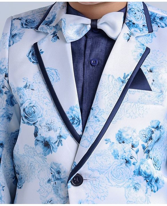 Babyhug Full Sleeves Digital Print Party Suit with Bow and Blazer - Blue Navy