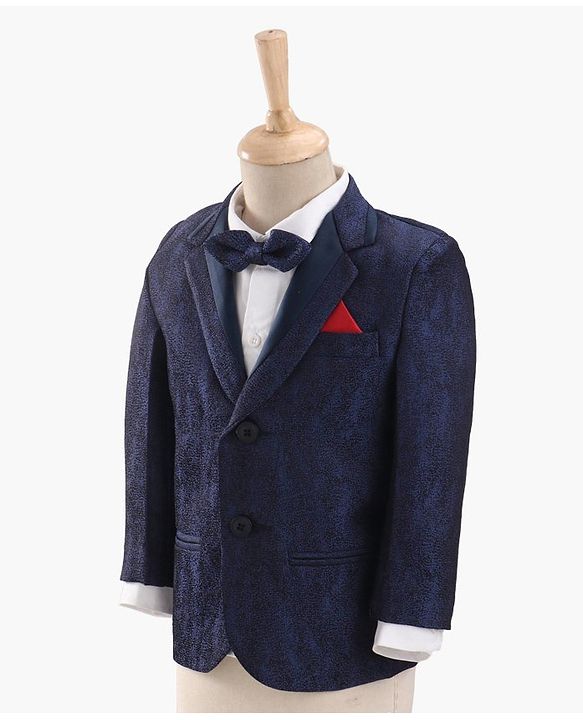 Babyhug Full Sleeves  3 Piece Party Suit With Bow - Navy Blue White