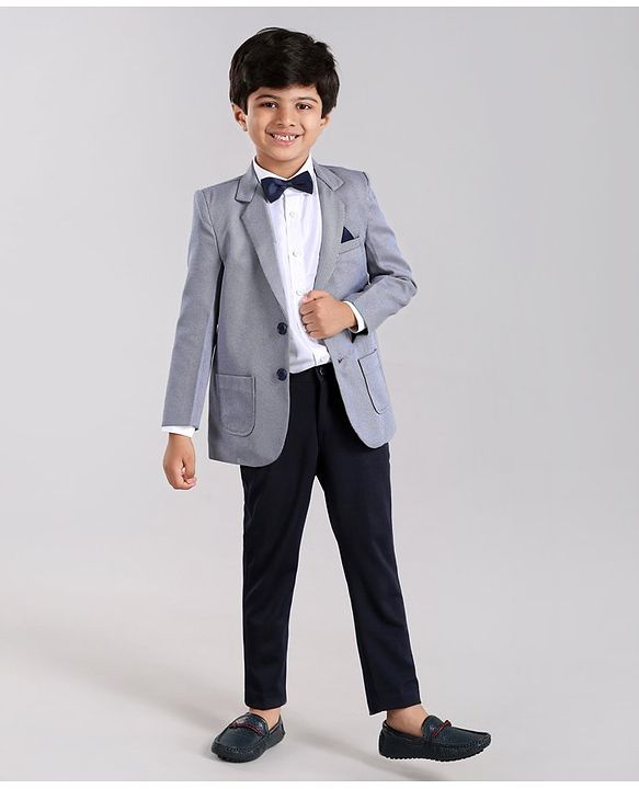 Babyhug Full Sleeves 3 Piece Party Suit With Bow - Light Blue