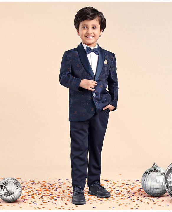 Babyhug Full Sleeves Brocade Party Suit with Bow and Blazer - Navy White