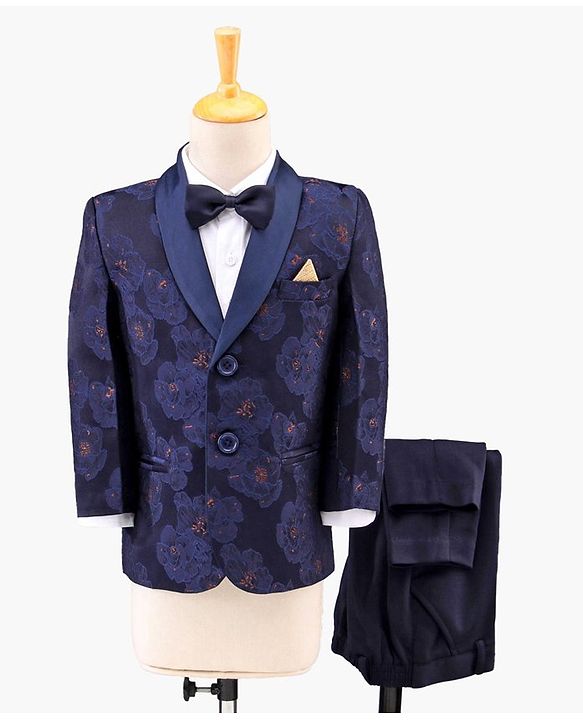 Babyhug Full Sleeves Brocade Party Suit with Bow and Blazer - Navy White