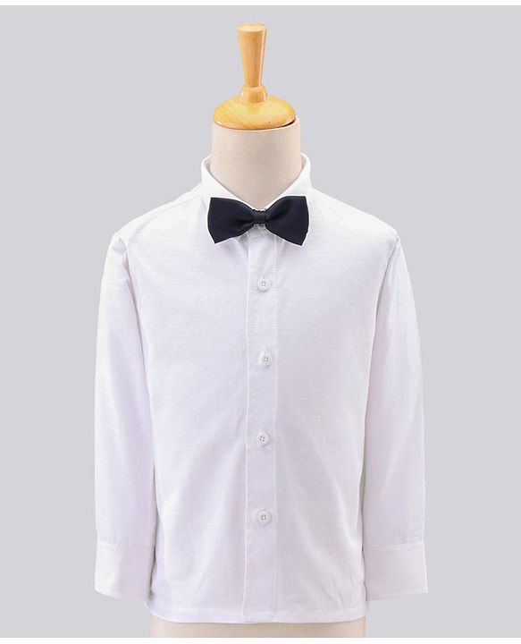 Babyhug Full Sleeves Brocade Party Suit with Bow and Blazer - Navy White