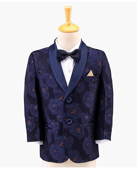 Babyhug Full Sleeves Brocade Party Suit with Bow and Blazer - Navy White