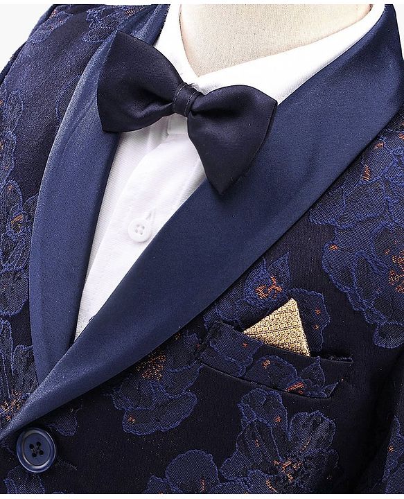 Babyhug Full Sleeves Brocade Party Suit with Bow and Blazer - Navy White