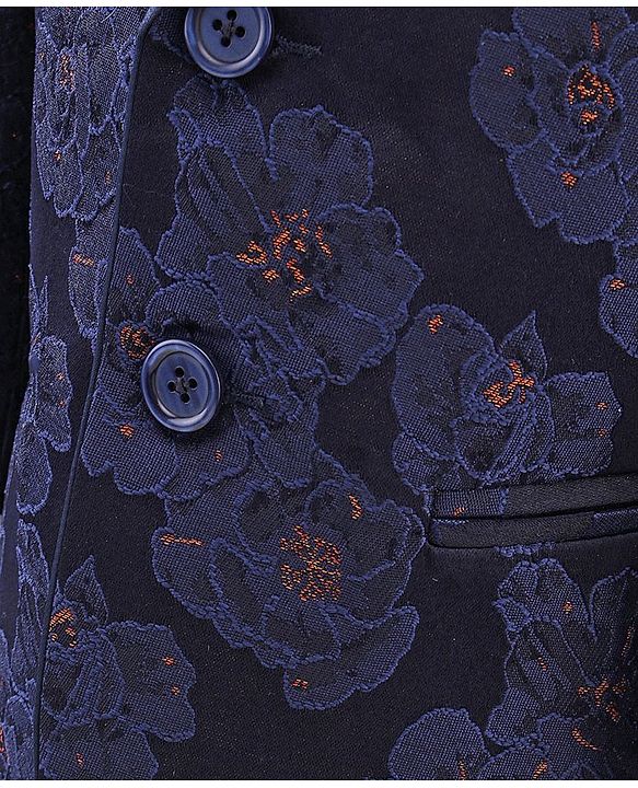 Babyhug Full Sleeves Brocade Party Suit with Bow and Blazer - Navy White