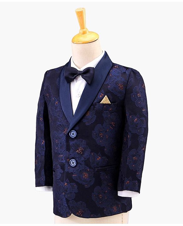 Babyhug Full Sleeves Brocade Party Suit with Bow and Blazer - Navy White