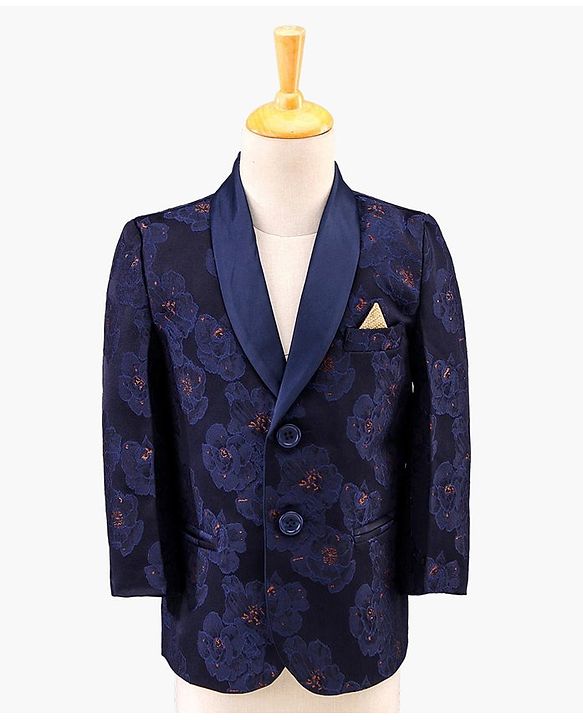 Babyhug Full Sleeves Brocade Party Suit with Bow and Blazer - Navy White
