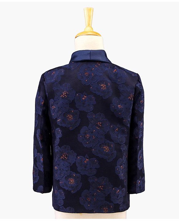Babyhug Full Sleeves Brocade Party Suit with Bow and Blazer - Navy White