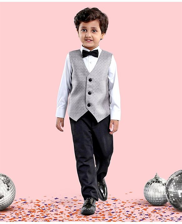 Babyhug Full Sleeves Party Suit With Waistcoat & Bow- Grey Black