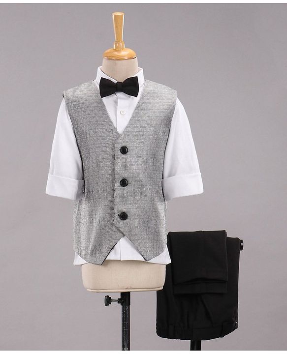 Babyhug Full Sleeves Party Suit With Waistcoat & Bow- Grey Black
