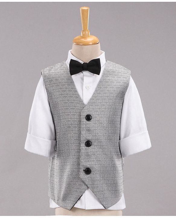 Babyhug Full Sleeves Party Suit With Waistcoat & Bow- Grey Black