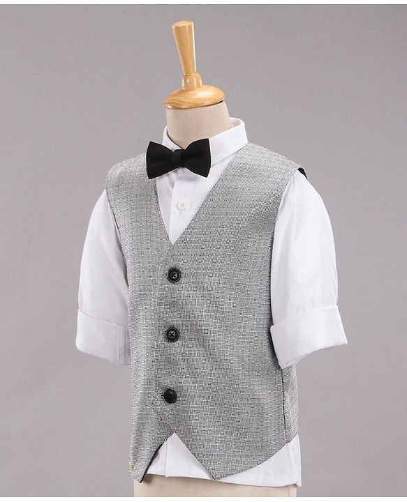 Babyhug Full Sleeves Party Suit With Waistcoat & Bow- Grey Black