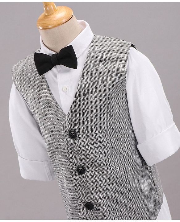 Babyhug Full Sleeves Party Suit With Waistcoat & Bow- Grey Black