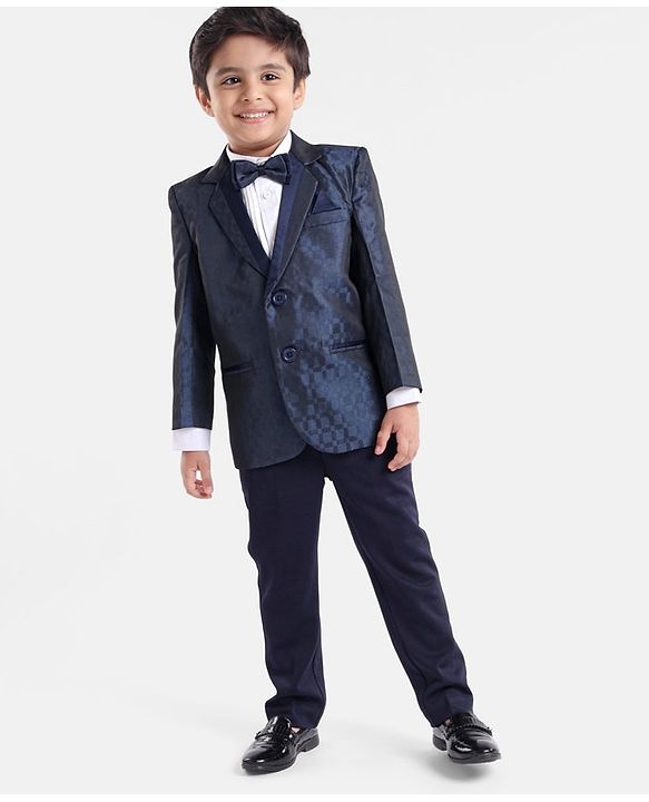 Babyhug Full Sleeves Solid Party Suit with Bow and Blazer - White Blue