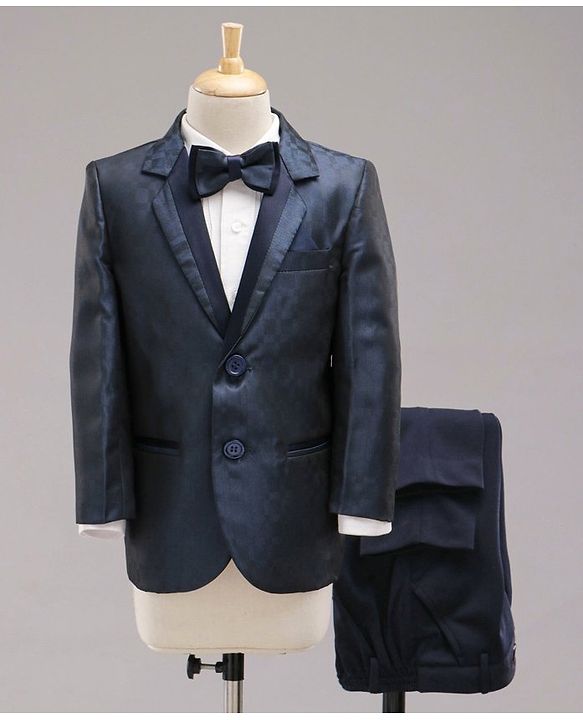 Babyhug Full Sleeves Solid Party Suit with Bow and Blazer - White Blue