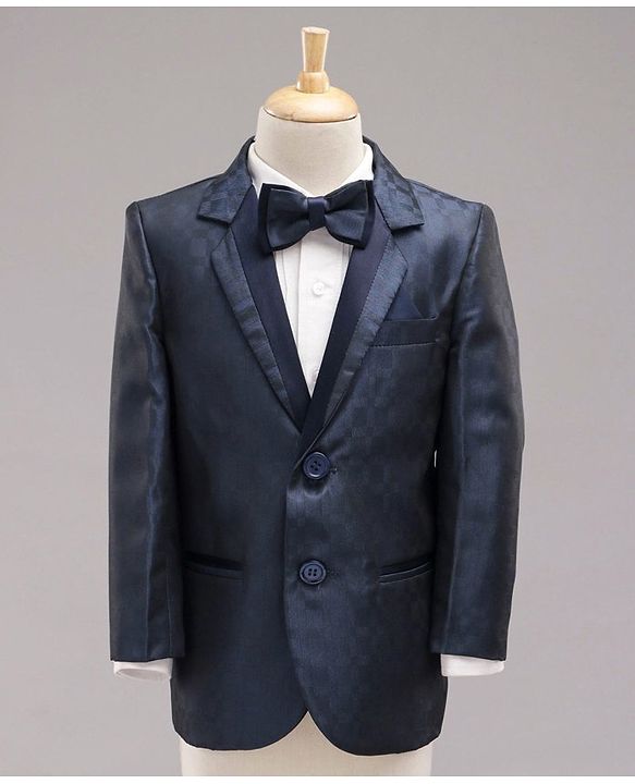 Babyhug Full Sleeves Solid Party Suit with Bow and Blazer - White Blue