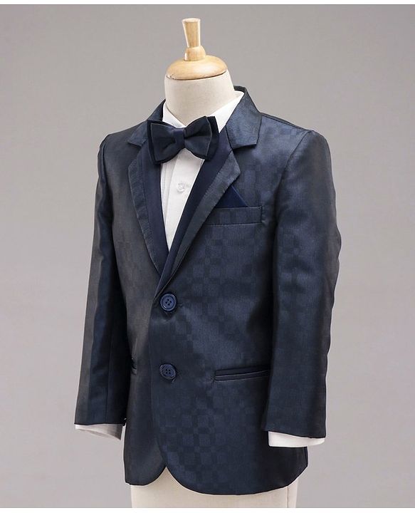 Babyhug Full Sleeves Solid Party Suit with Bow and Blazer - White Blue