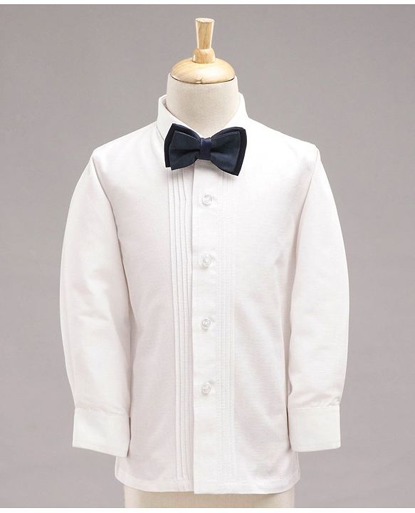 Babyhug Full Sleeves Solid Party Suit with Bow and Blazer - White Blue