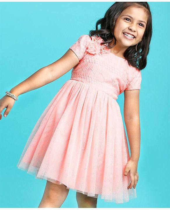 Babyhug Short Sleeves Embroidered Fit and Flare Party Frock with Corsage - Pink
