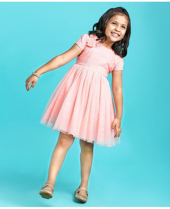Babyhug Short Sleeves Embroidered Fit and Flare Party Frock with Corsage - Pink