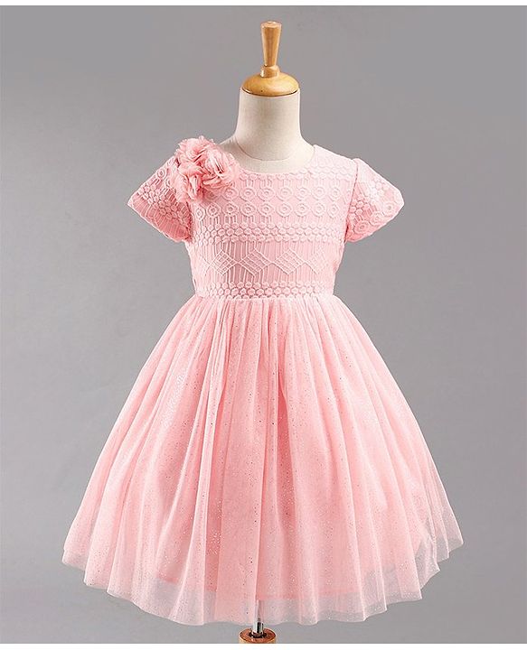 Babyhug Short Sleeves Embroidered Fit and Flare Party Frock with Corsage - Pink
