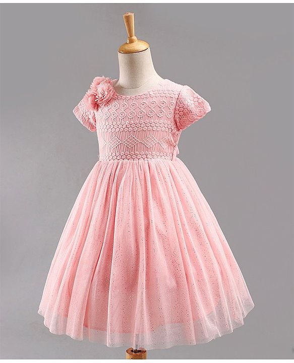 Babyhug Short Sleeves Embroidered Fit and Flare Party Frock with Corsage - Pink