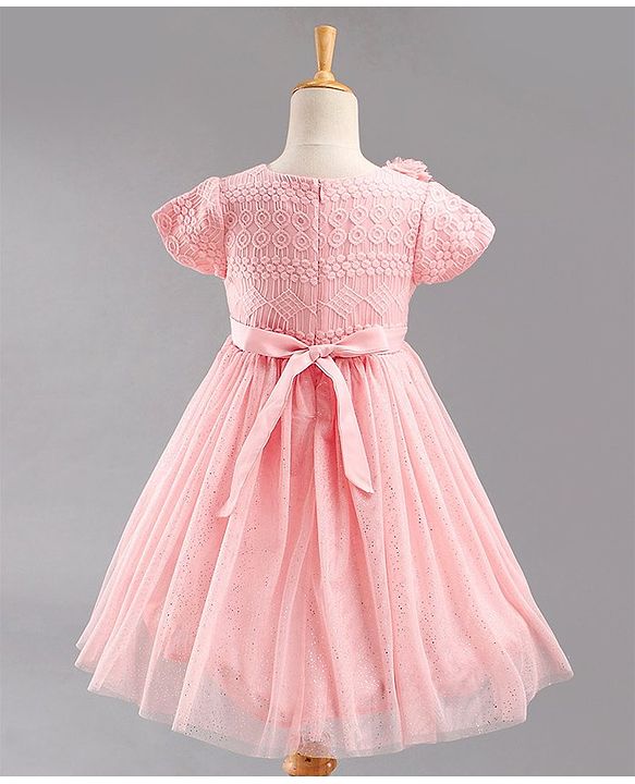 Babyhug Short Sleeves Embroidered Fit and Flare Party Frock with Corsage - Pink