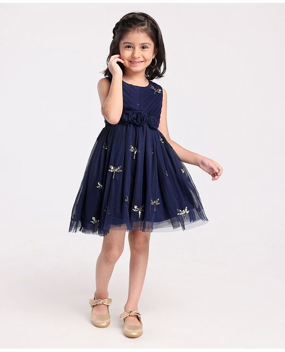 Babyhug Sleeveless Party Wear Frock Sequinned Dragonfly Embroidery - Navy Blue