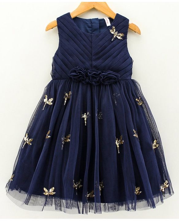 Babyhug Sleeveless Party Wear Frock Sequinned Dragonfly Embroidery - Navy Blue