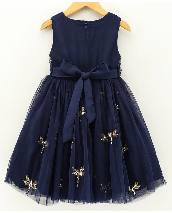 Babyhug Sleeveless Party Wear Frock Sequinned Dragonfly Embroidery - Navy Blue