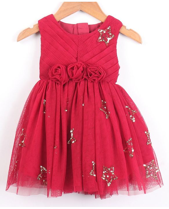 Babyhug Sleeveless Sequined Star and Flower Applique Party Wear Frock - Cherry Red