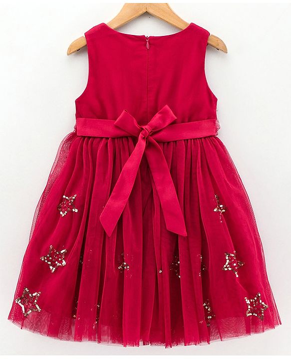 Babyhug Sleeveless Sequined Star and Flower Applique Party Wear Frock - Cherry Red